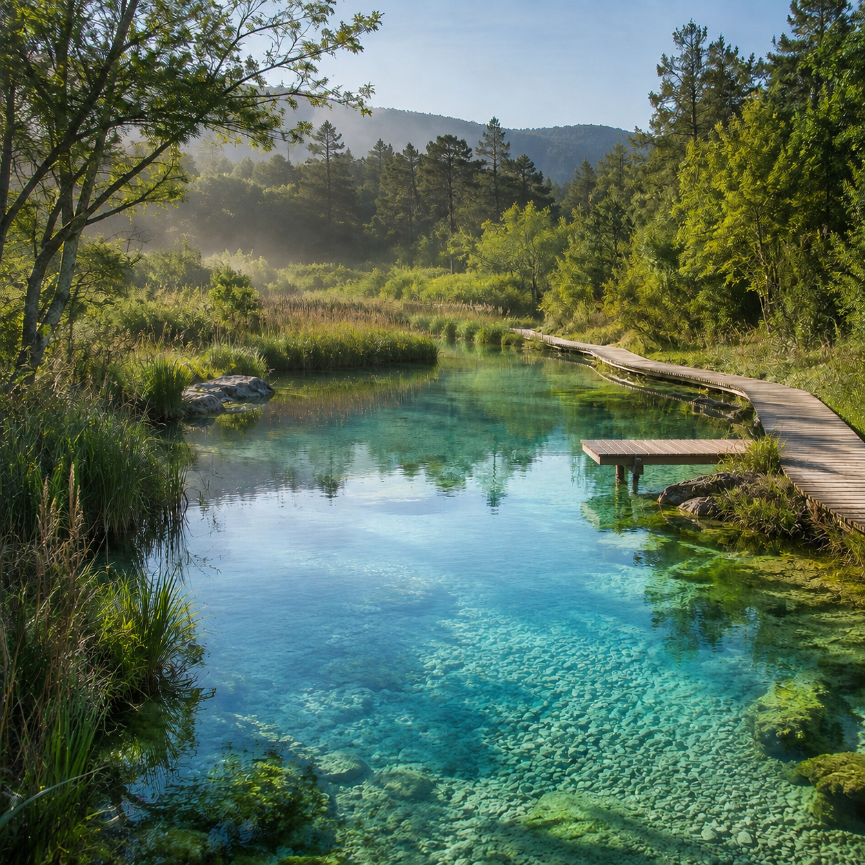 Pristine Eco Lagoon with clear turquoise water, native vegetation, and a low-impact boardwalk